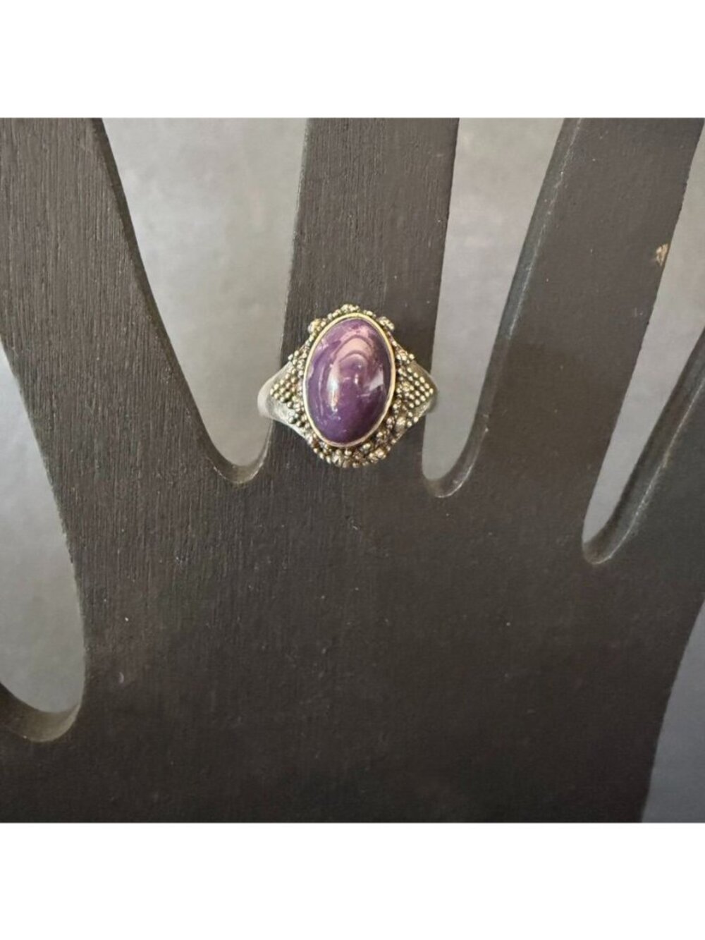 Bohemian Silver & Amethyst Statement Ring Detailed Beaded Metalwork Size 7